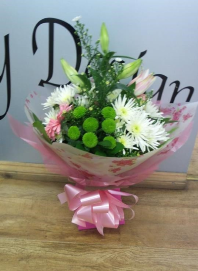 I'll Bring you Flowers - Flowers presented in an aqua box in colours of pink, whites to include lush greenery.