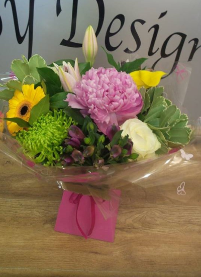 Big & Beautiful - Nice bright arrangement presented in an aqua box. Flowers in pinks, purples, whites with greenery.